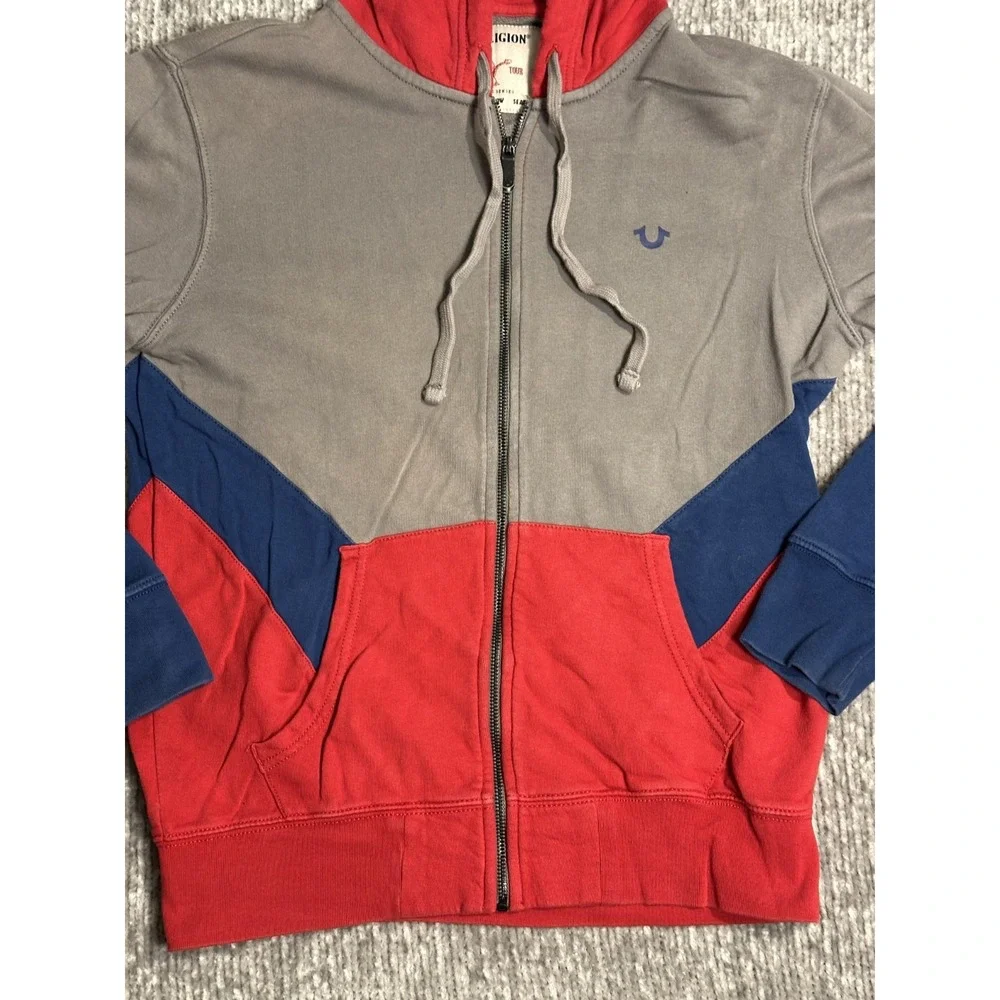 True Religion Hoodie Mens M Gray Red Blue Zip Up Chevron Panel Sweatshirt